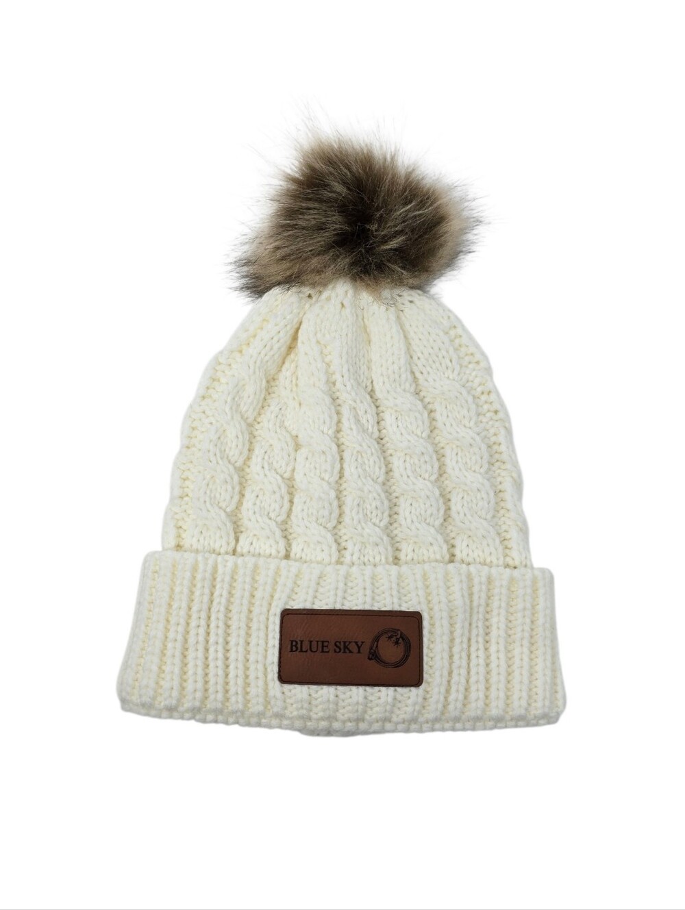 NEW Blue Sky Cream Cable Knit Pom Pom Beanie Winter Hat One Size